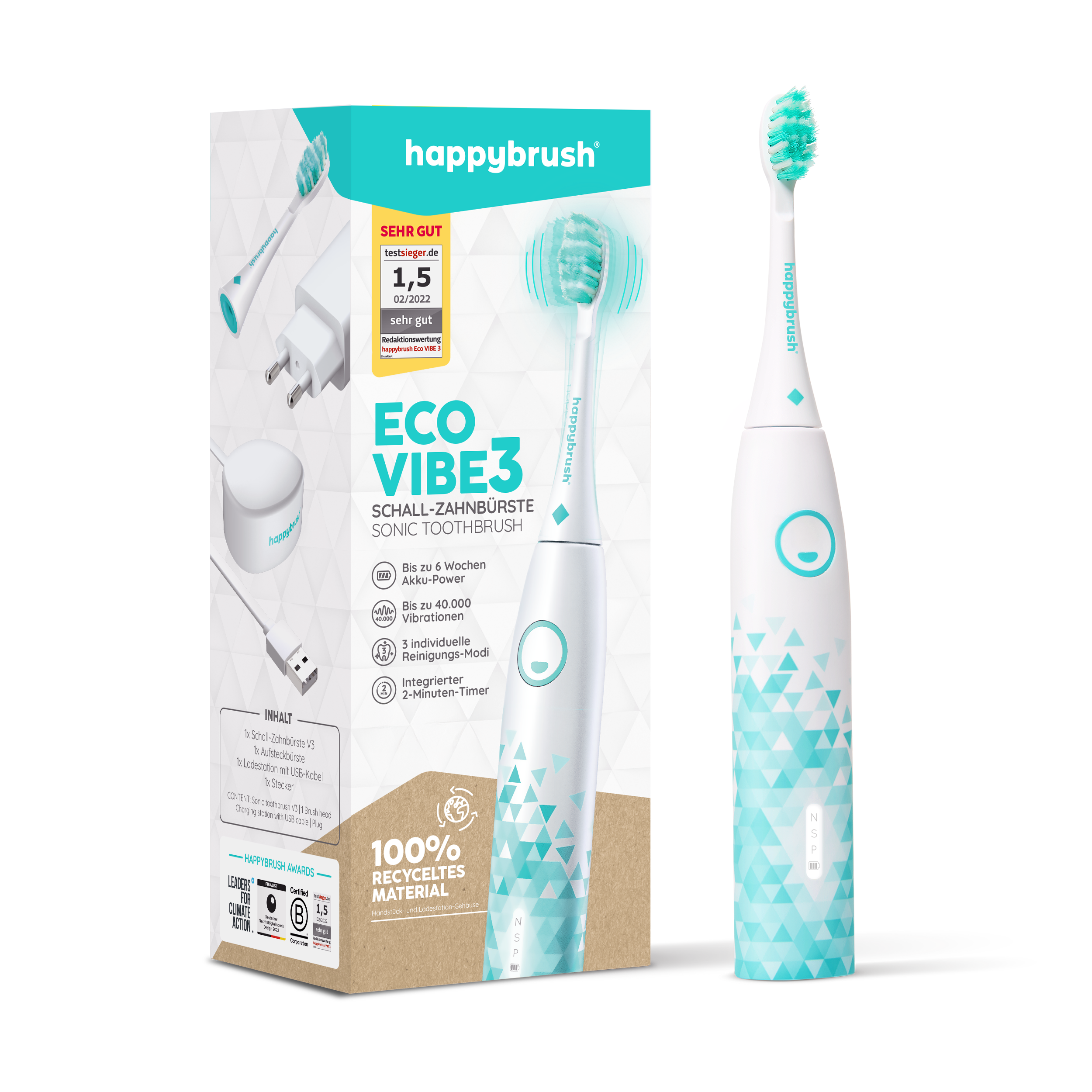 happybrush-eco-vibe-3-schall-zahnb-rste-white-mint image 1