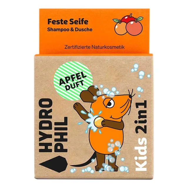 hydrophil-kids-2in1-festes-shampoo-dusche-maus-apfel-60g image 1